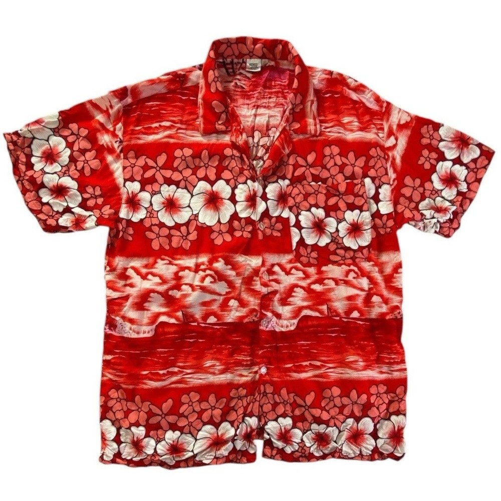 Koko Knot Hawaiian Aloha Shirt Men’s Medium Red Floral Rayon Button Front